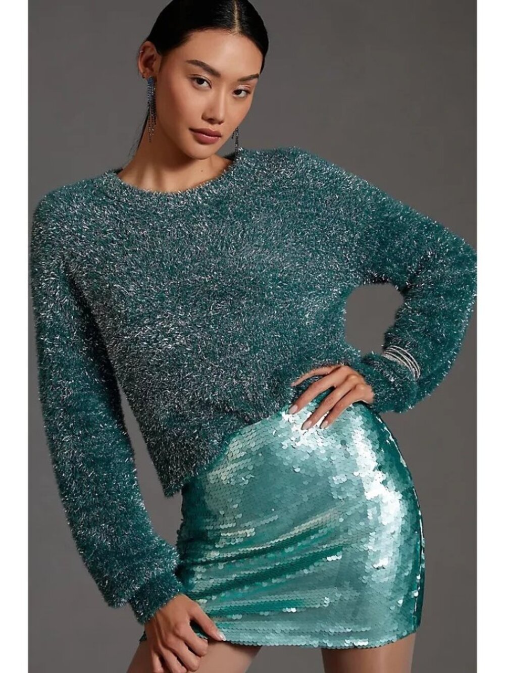 Anthropologie Maeve Tinsel Eyelash Sweater Green XL